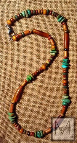 Native American Green And Blue Turquoise Golden Horn Necklace