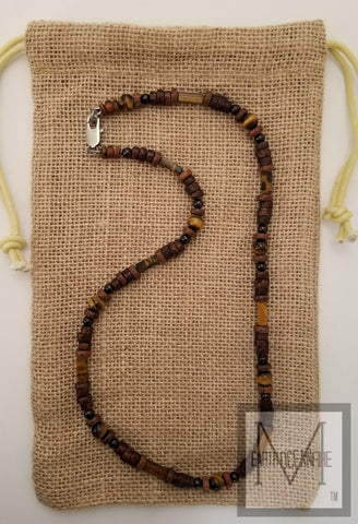 Men's Golden Tiger's Eye And Garnet Gemstone Beaded Necklace