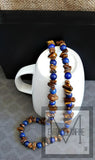 Men's Blue Matte Finish Lapis and Tigers Eye Gemstone Beaded Necklace